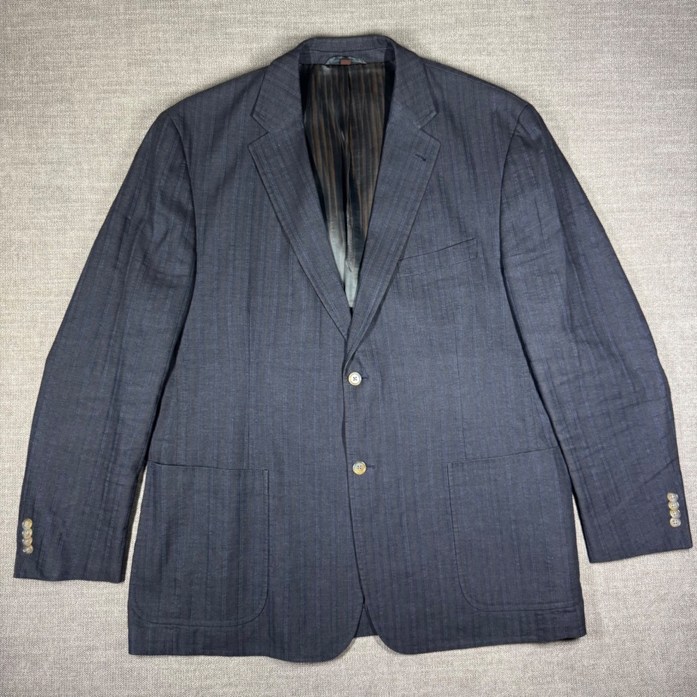 Kroon Bono Navy Blue Pinstripe Linen Cotton Blazer Sport Coat Mens 46R *